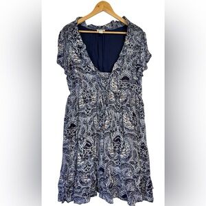 Sundance Mini Dress Tie Waist Navy Blue / White Geo Paisley Print Boho XL
